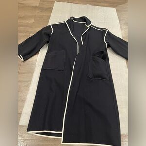 [M]VTG 90s Jaeger Black White Trim Wool Camel Long Trench Coat Belt Robe Style